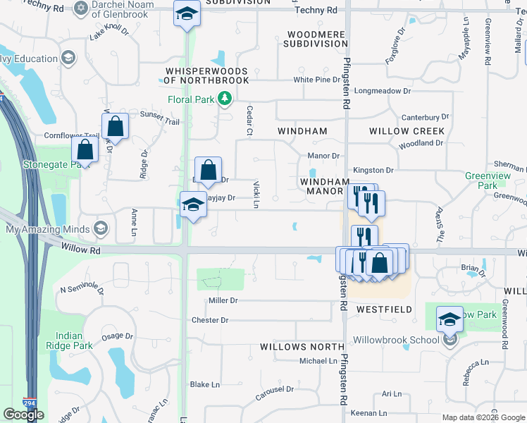 map of restaurants, bars, coffee shops, grocery stores, and more near 2454 Hampton Lane in Northbrook