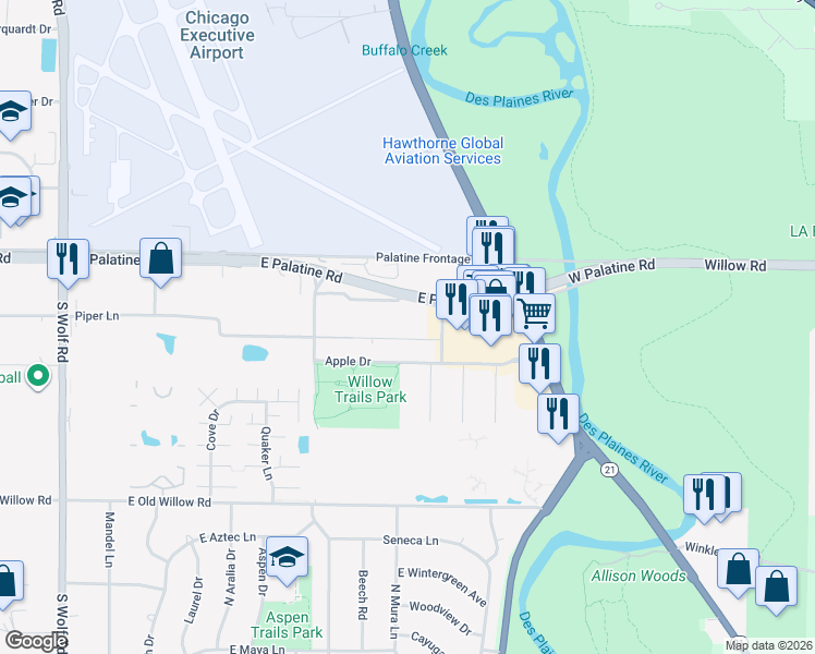 map of restaurants, bars, coffee shops, grocery stores, and more near 830 Piper Lane in Prospect Heights
