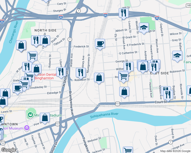 map of restaurants, bars, coffee shops, grocery stores, and more near 2 William St in Binghamton