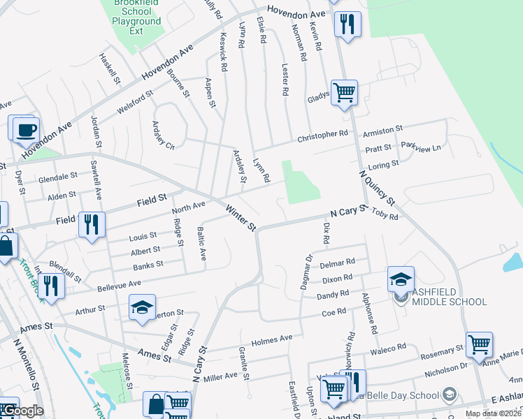 map of restaurants, bars, coffee shops, grocery stores, and more near 301 North Avenue in Brockton