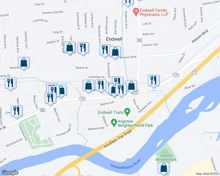 map of restaurants, bars, coffee shops, grocery stores, and more near 7 South Avenue B in Endicott