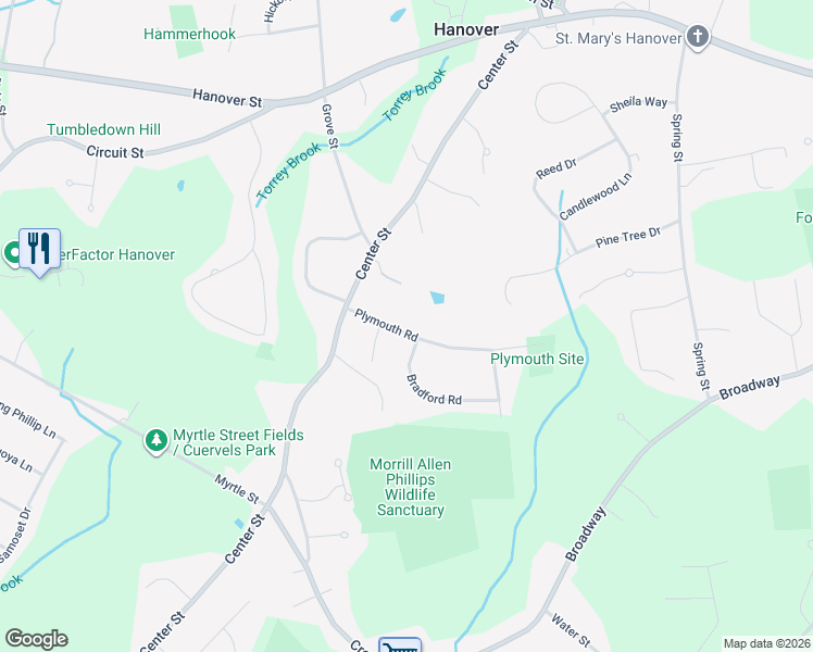 map of restaurants, bars, coffee shops, grocery stores, and more near 54 Plymouth Road in Hanover