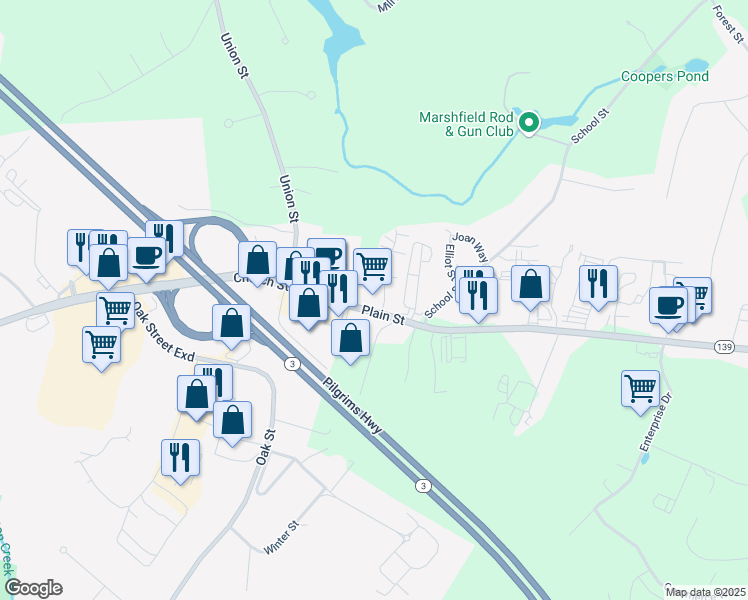 map of restaurants, bars, coffee shops, grocery stores, and more near 1020 Plain Street in Marshfield