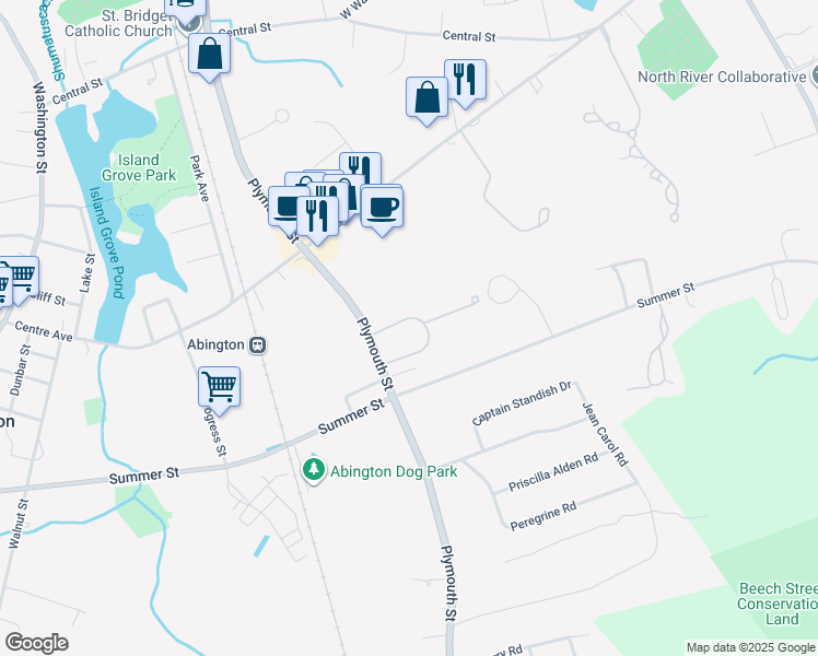 map of restaurants, bars, coffee shops, grocery stores, and more near 67 Belcher Street in Abington