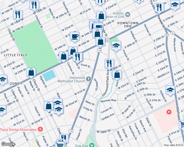 map of restaurants, bars, coffee shops, grocery stores, and more near 2916 Peach Street in Erie