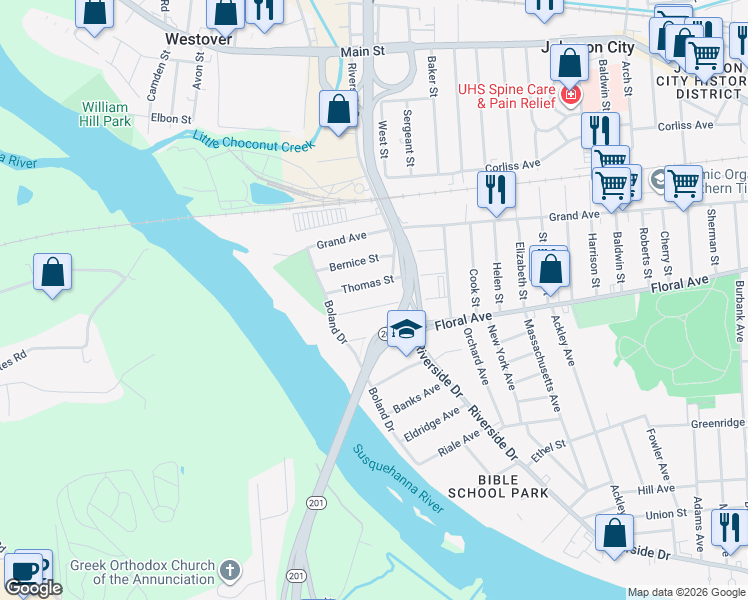 map of restaurants, bars, coffee shops, grocery stores, and more near 60 Thomas Street in Johnson City