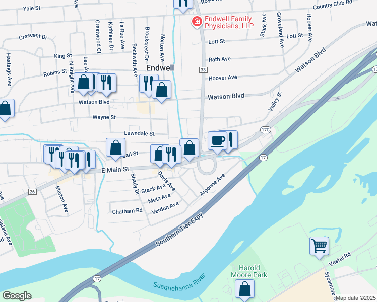 map of restaurants, bars, coffee shops, grocery stores, and more near 3336 Pearl Street in Endicott