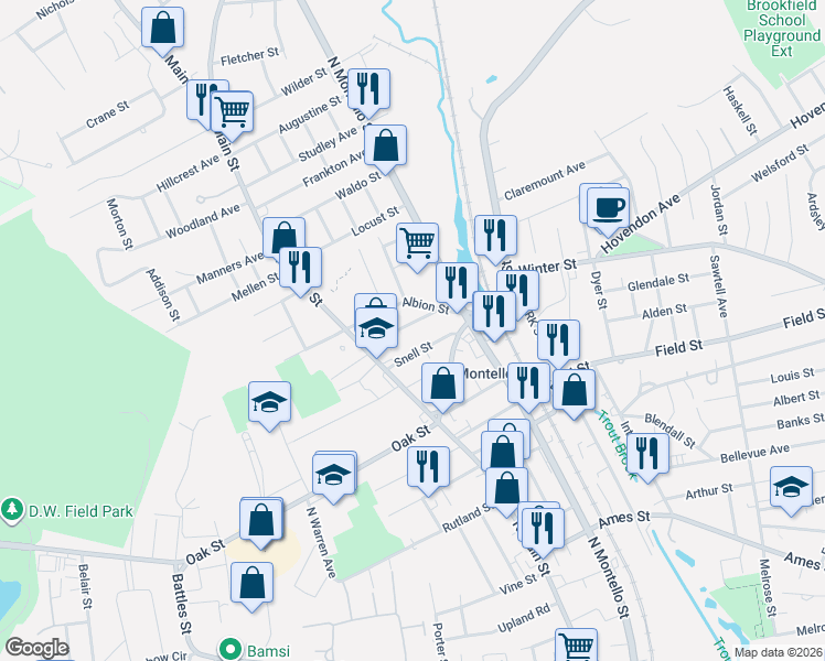map of restaurants, bars, coffee shops, grocery stores, and more near 39 Clarence Street in Brockton