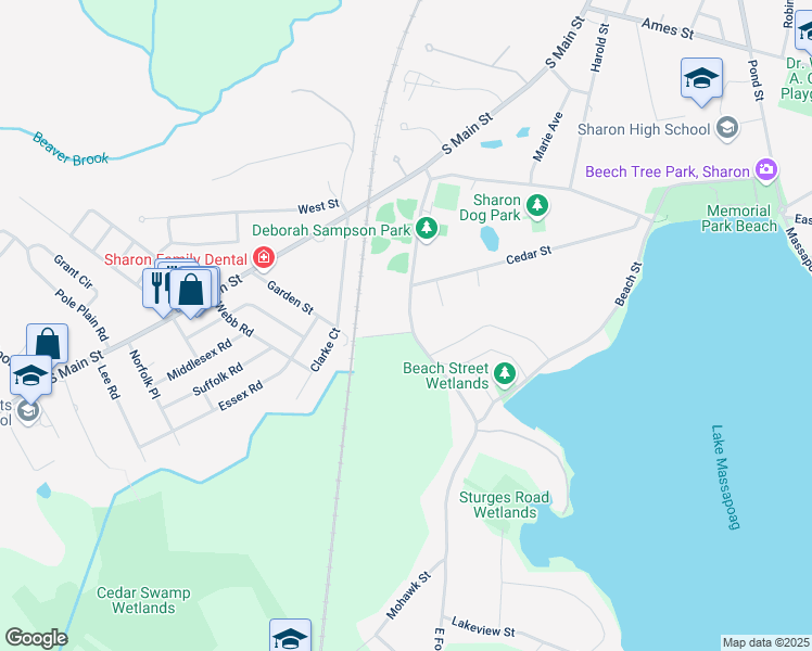 map of restaurants, bars, coffee shops, grocery stores, and more near 64 East Foxboro Street in Sharon