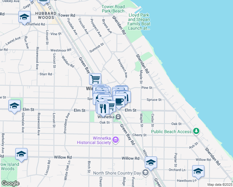 map of restaurants, bars, coffee shops, grocery stores, and more near 614 Lincoln Avenue in Winnetka