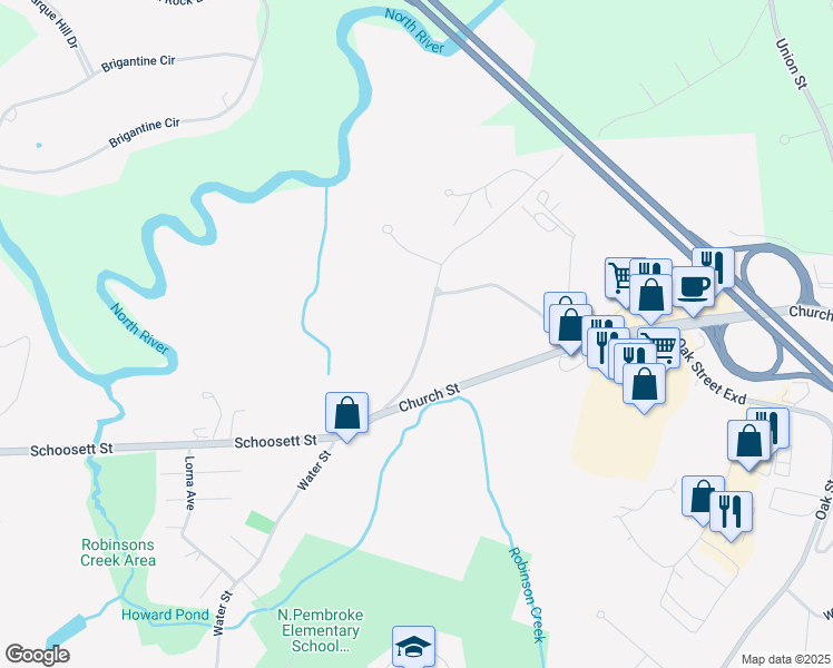 map of restaurants, bars, coffee shops, grocery stores, and more near 274 Water Street in Pembroke