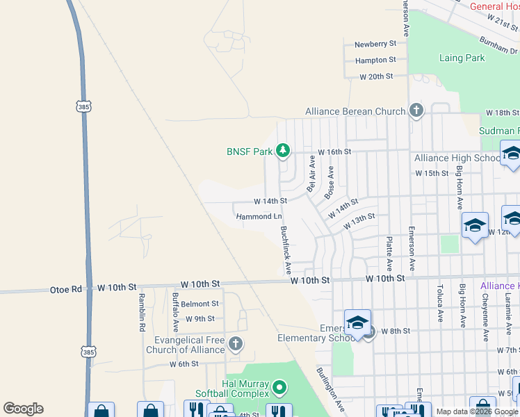 map of restaurants, bars, coffee shops, grocery stores, and more near 1232 West 14th Street in Alliance