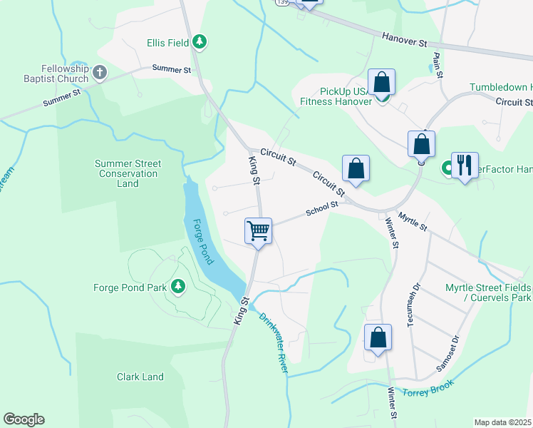 map of restaurants, bars, coffee shops, grocery stores, and more near 84 King Street in Hanover