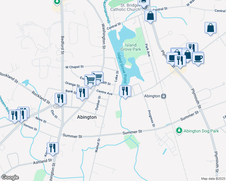 map of restaurants, bars, coffee shops, grocery stores, and more near 27 Lake Street in Abington
