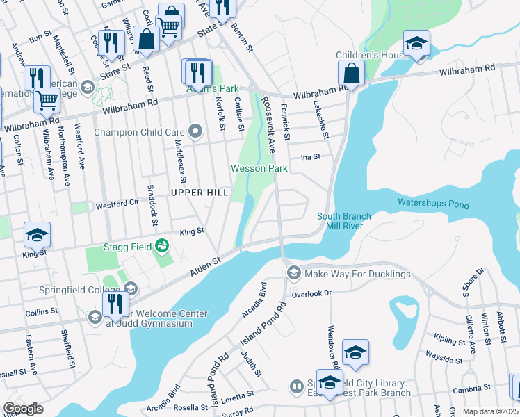 map of restaurants, bars, coffee shops, grocery stores, and more near 76 Northumberland Street in Springfield