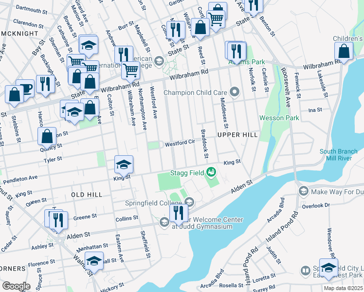 map of restaurants, bars, coffee shops, grocery stores, and more near 54 Westford Circle in Springfield