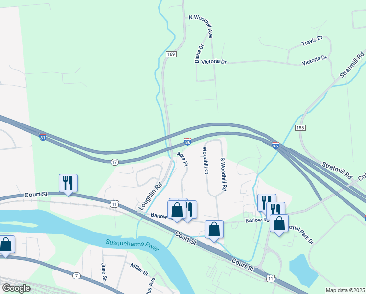 map of restaurants, bars, coffee shops, grocery stores, and more near Highway 17 in Binghamton