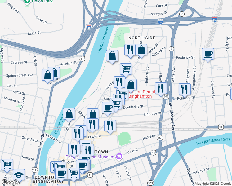 map of restaurants, bars, coffee shops, grocery stores, and more near 435 State St in Binghamton