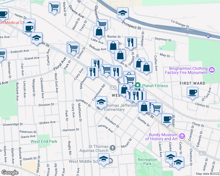 map of restaurants, bars, coffee shops, grocery stores, and more near 267 Main Street in Binghamton