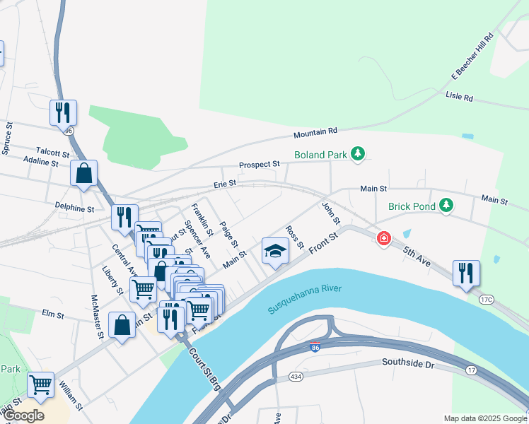 map of restaurants, bars, coffee shops, grocery stores, and more near 223 E Temple St in Owego