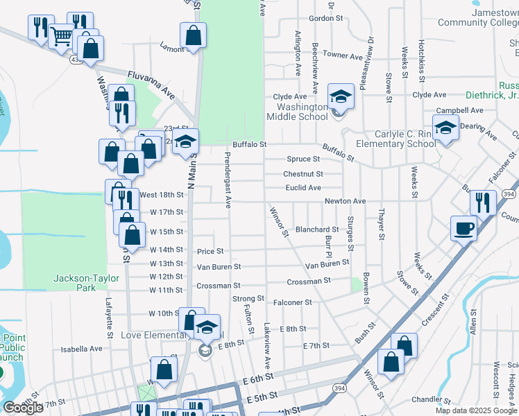 map of restaurants, bars, coffee shops, grocery stores, and more near 28 Newton Avenue in Jamestown