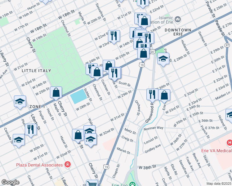 map of restaurants, bars, coffee shops, grocery stores, and more near 2658 Myrtle Street in Erie