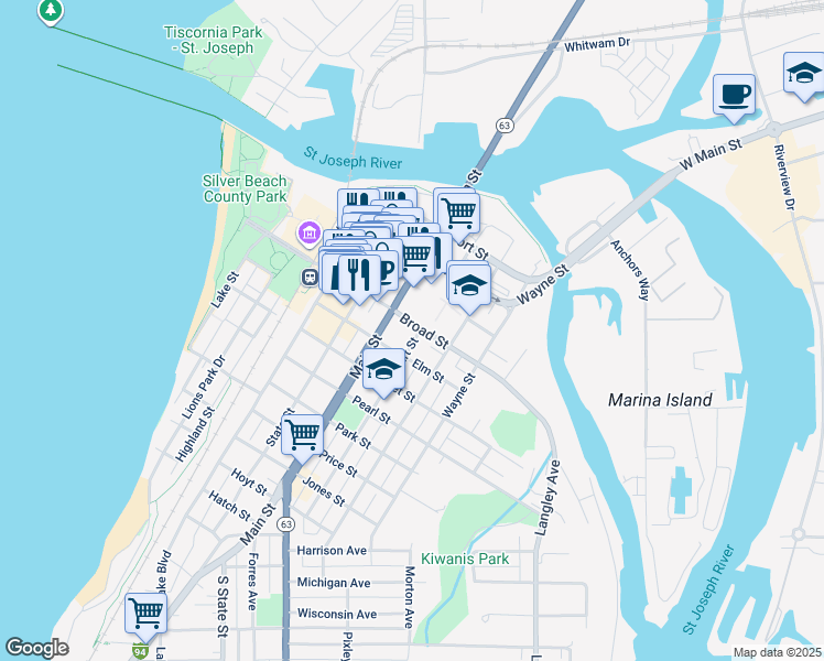 map of restaurants, bars, coffee shops, grocery stores, and more near 700 Broad Street in St. Joseph