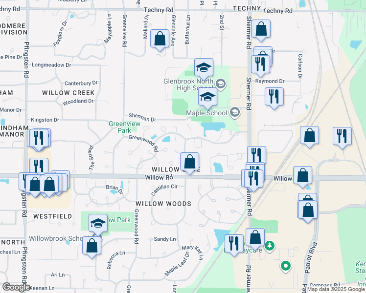 map of restaurants, bars, coffee shops, grocery stores, and more near 2402 Salceda Drive in Northbrook