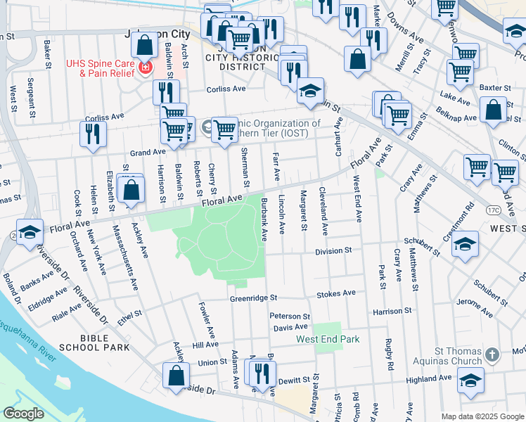 map of restaurants, bars, coffee shops, grocery stores, and more near 104 Burbank Avenue in Johnson City