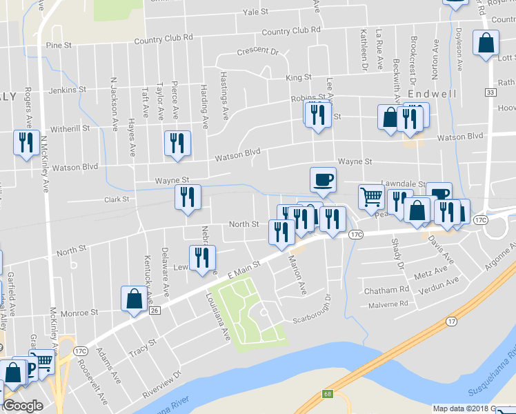 map of restaurants, bars, coffee shops, grocery stores, and more near 15 Alice Avenue in Endicott