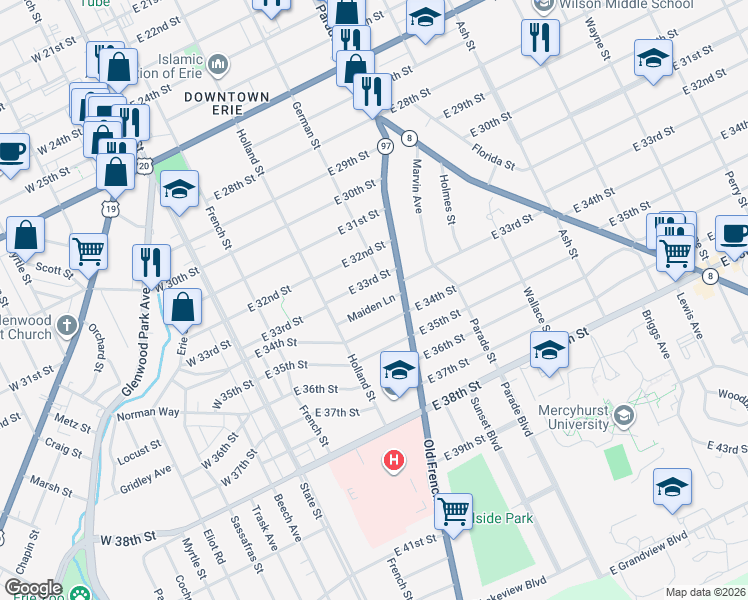 map of restaurants, bars, coffee shops, grocery stores, and more near 253 E 33rd St in Erie