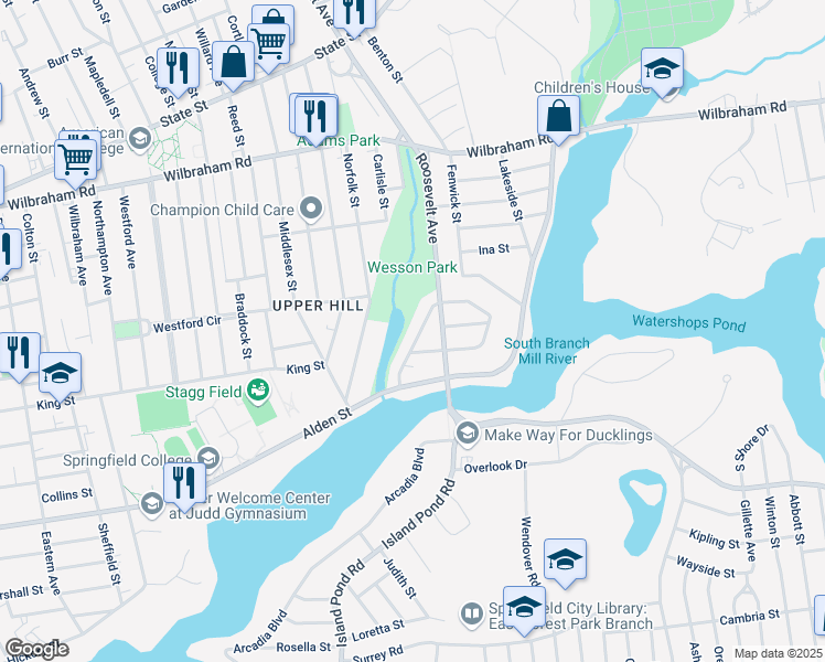 map of restaurants, bars, coffee shops, grocery stores, and more near 76 Northumberland Street in Springfield