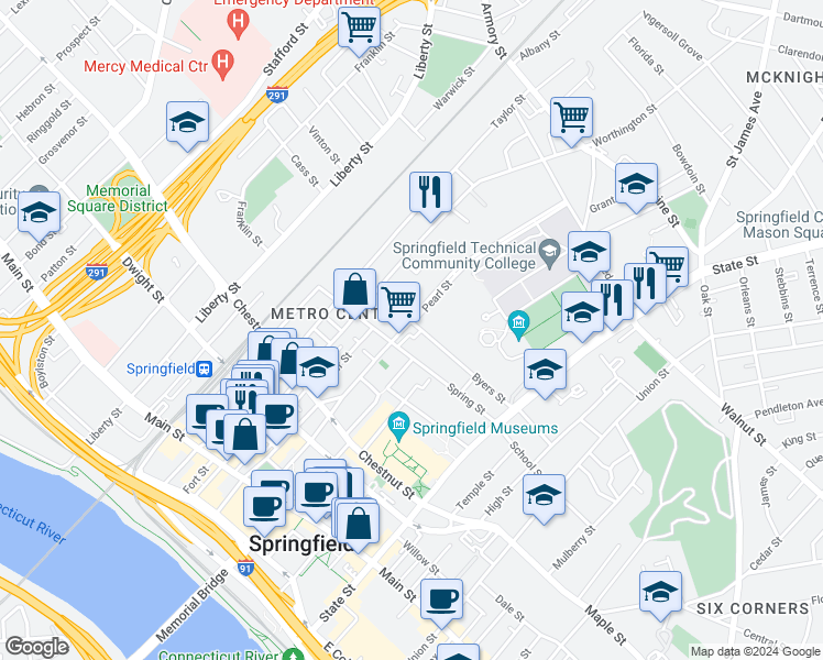map of restaurants, bars, coffee shops, grocery stores, and more near 120-130 Byers Street in Springfield