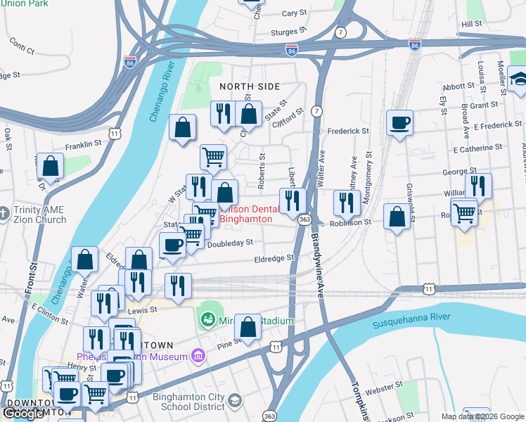 map of restaurants, bars, coffee shops, grocery stores, and more near 19 Munsell Street in Binghamton