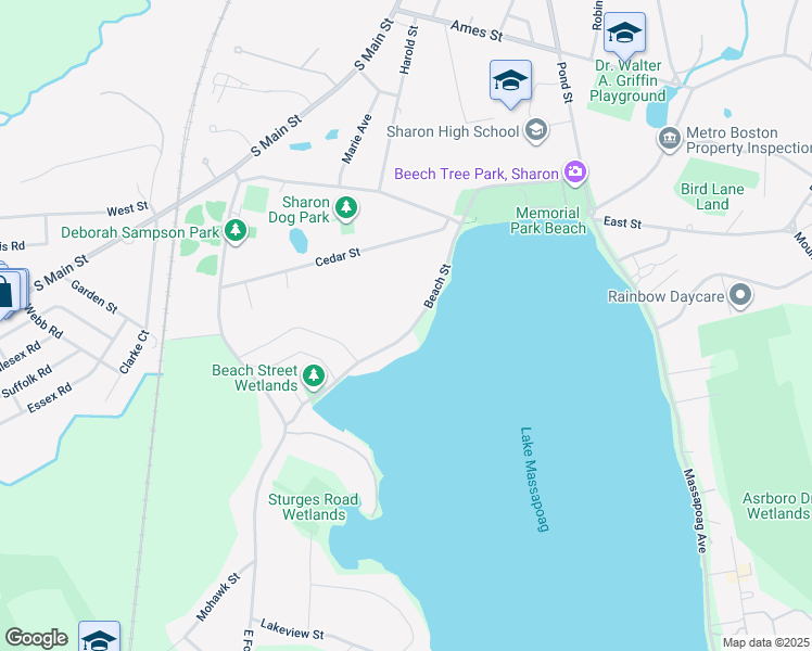 map of restaurants, bars, coffee shops, grocery stores, and more near 105 Beach Street in Sharon