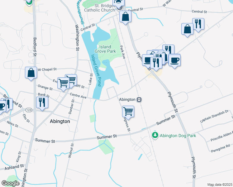 map of restaurants, bars, coffee shops, grocery stores, and more near 24 Quincy Street in Abington
