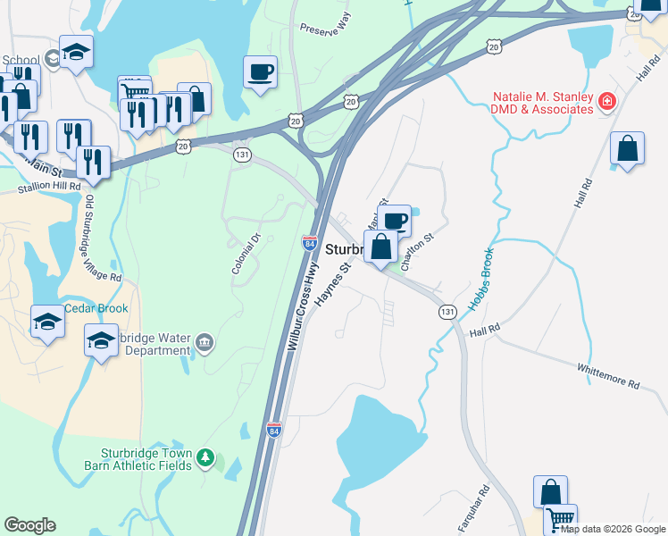 map of restaurants, bars, coffee shops, grocery stores, and more near 11 Haynes Street in Sturbridge