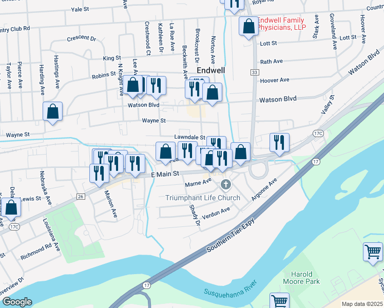 map of restaurants, bars, coffee shops, grocery stores, and more near 3225 Pearl Street in Endicott
