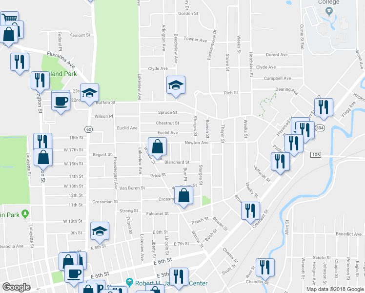 map of restaurants, bars, coffee shops, grocery stores, and more near 127 Newton Avenue in Jamestown