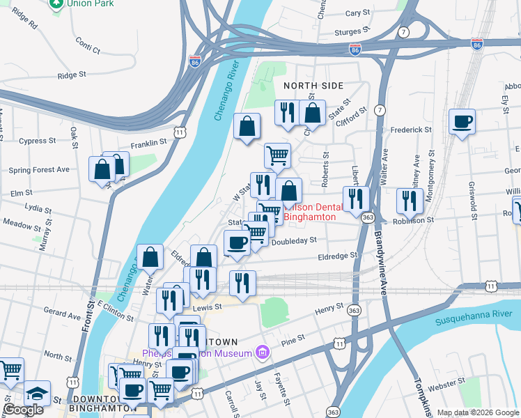 map of restaurants, bars, coffee shops, grocery stores, and more near 435 State Street in Binghamton