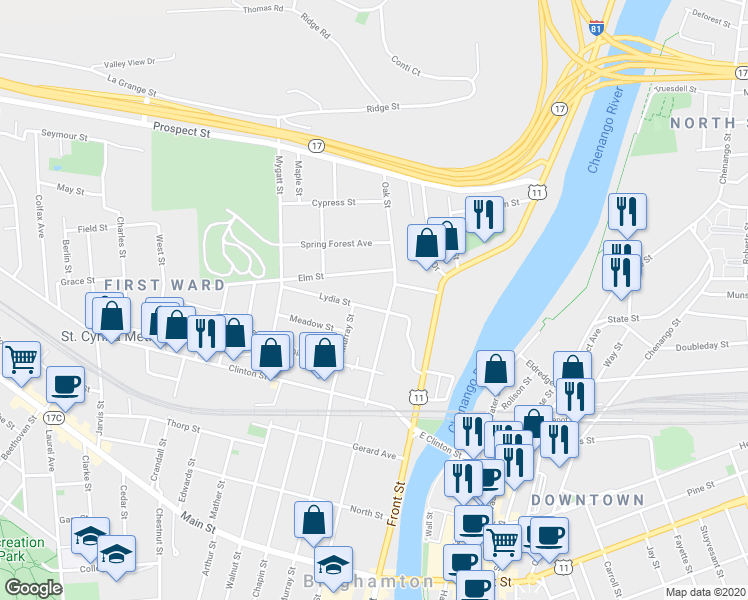 map of restaurants, bars, coffee shops, grocery stores, and more near 10 Lydia Street in Binghamton