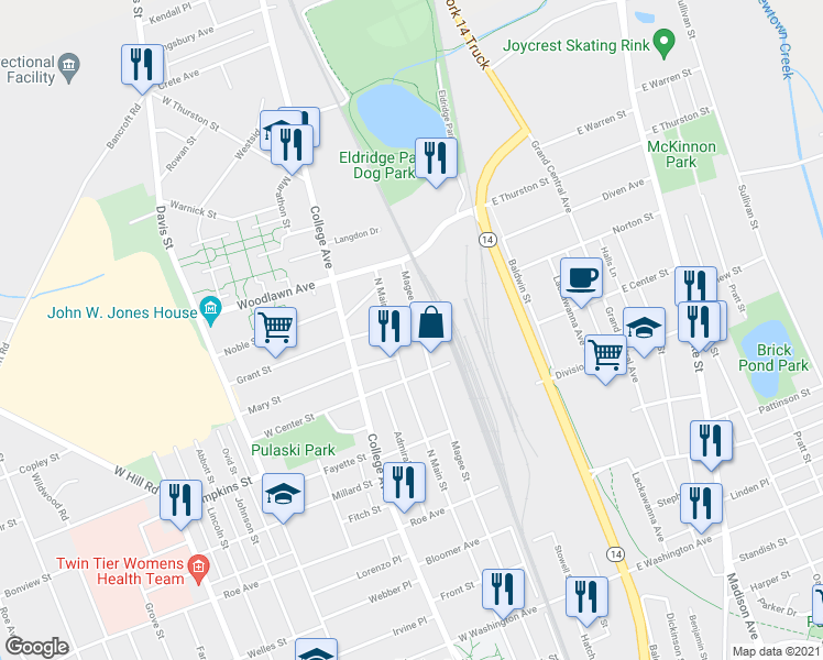 map of restaurants, bars, coffee shops, grocery stores, and more near 1167 Magee Street in Elmira