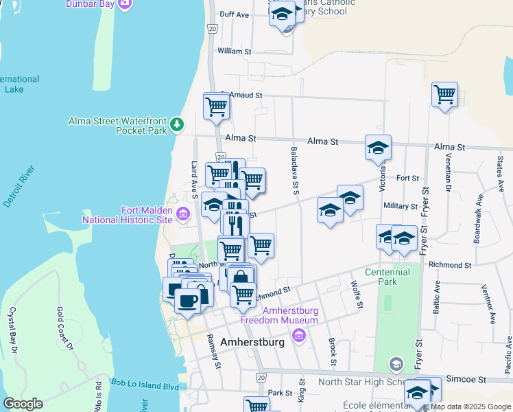 map of restaurants, bars, coffee shops, grocery stores, and more near 130 Fort Street in Amherstburg