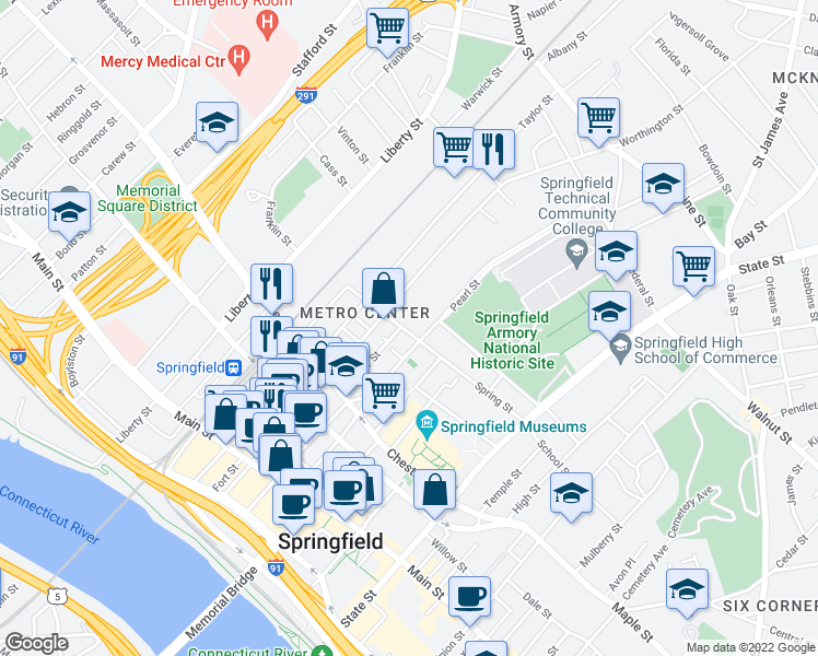 map of restaurants, bars, coffee shops, grocery stores, and more near 135 Spring Street in Springfield