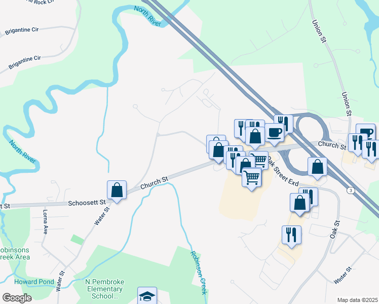 map of restaurants, bars, coffee shops, grocery stores, and more near 41 Cross Street in Pembroke
