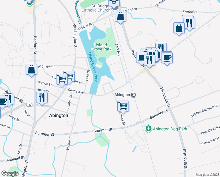 map of restaurants, bars, coffee shops, grocery stores, and more near 24 Quincy Street in Abington