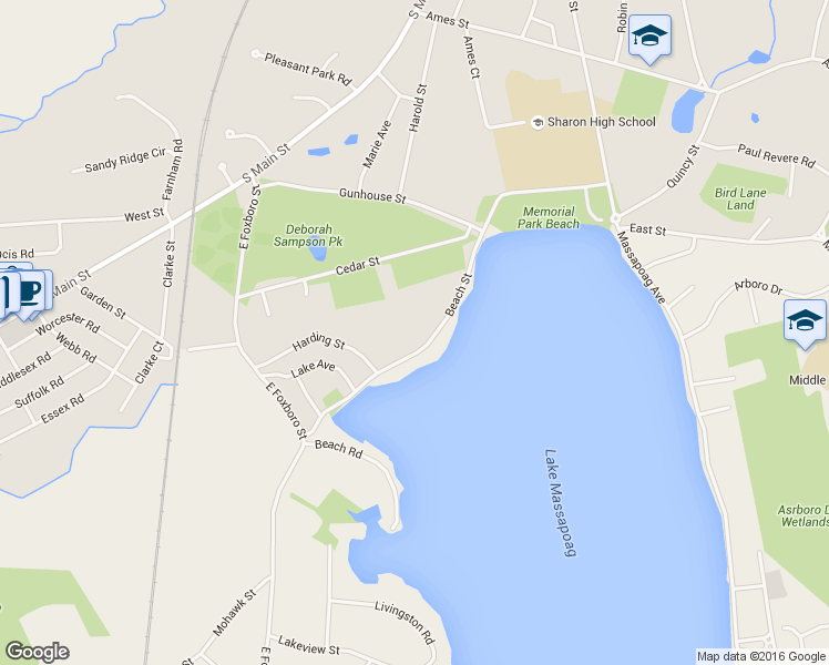 map of restaurants, bars, coffee shops, grocery stores, and more near 105 Beach Street in Sharon