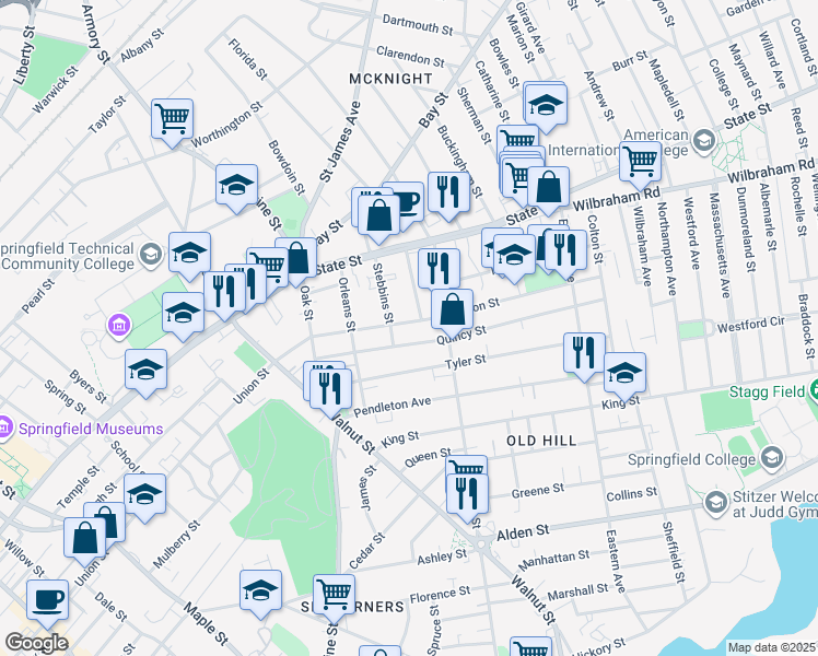 map of restaurants, bars, coffee shops, grocery stores, and more near 582 Union Street in Springfield