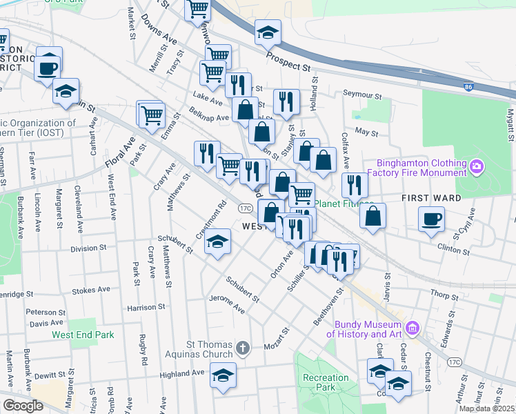 map of restaurants, bars, coffee shops, grocery stores, and more near 5 Glenwood Avenue in Binghamton