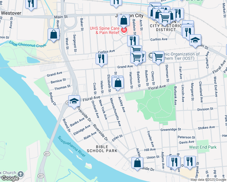 map of restaurants, bars, coffee shops, grocery stores, and more near 69 Elizabeth Street in Johnson City